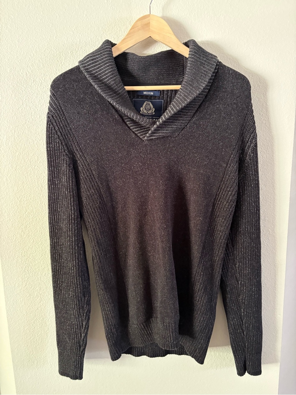 Dark Academia Oversized Cotton Ribbed Shawl Collar Knit Sweater Charcoal